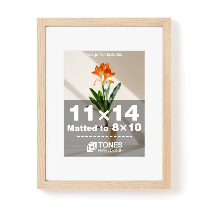 TONES FRAME DESIGN 11x14 Picture Frame Natural Wooden Frame with 8x10 Mat 11x14 Frames Solid Wood Veneer 11 x 14 Picture Frames with Shatterproof Plexiglass for Poster Gallery Wall Home Decor