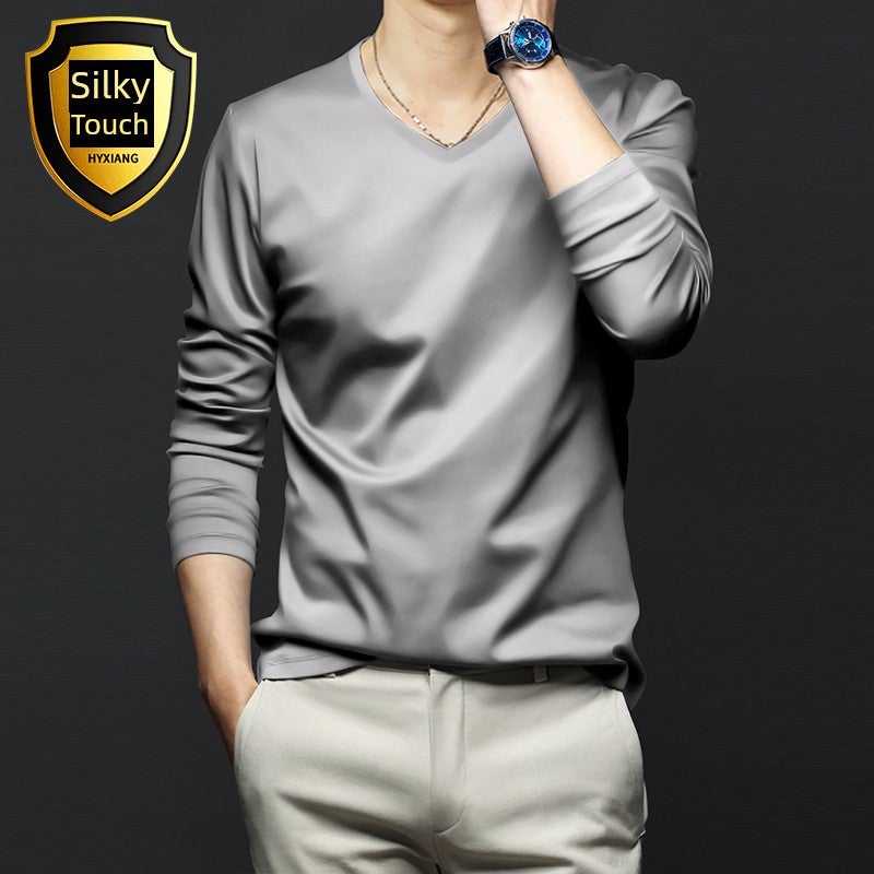High-end modal long-sleeved t-shirt men's V-neck solid white inner wear New  base shirt autumn clothes small shirt thin style - Image 1