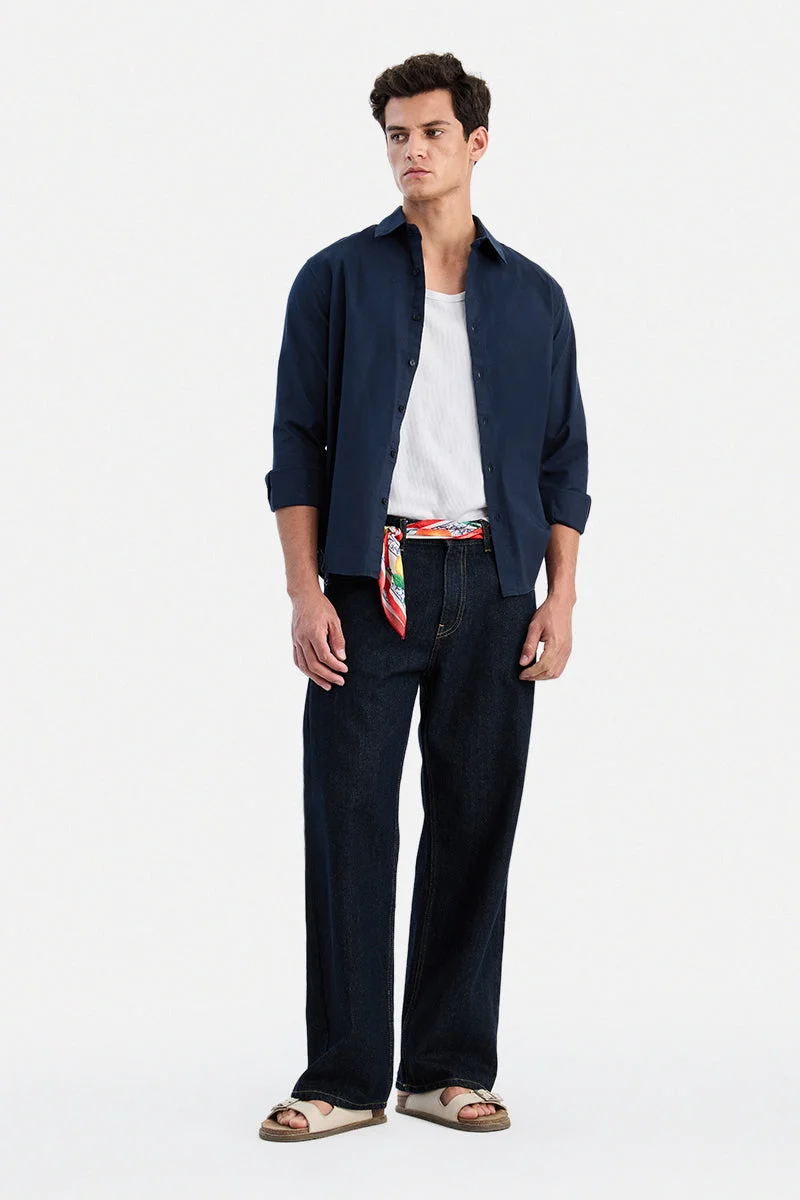 SNITCH Navy Blue Solid Long Sleeve Regular Fit Shirt