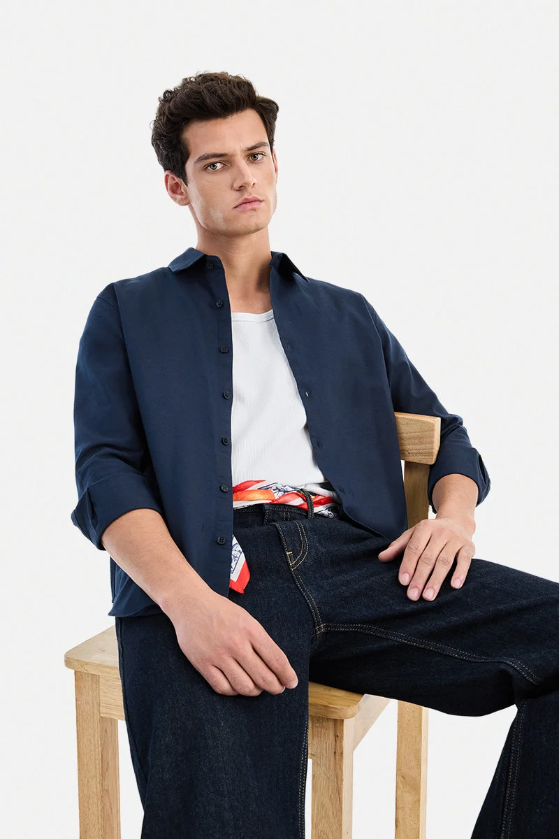 SNITCH Navy Blue Solid Long Sleeve Regular Fit Shirt