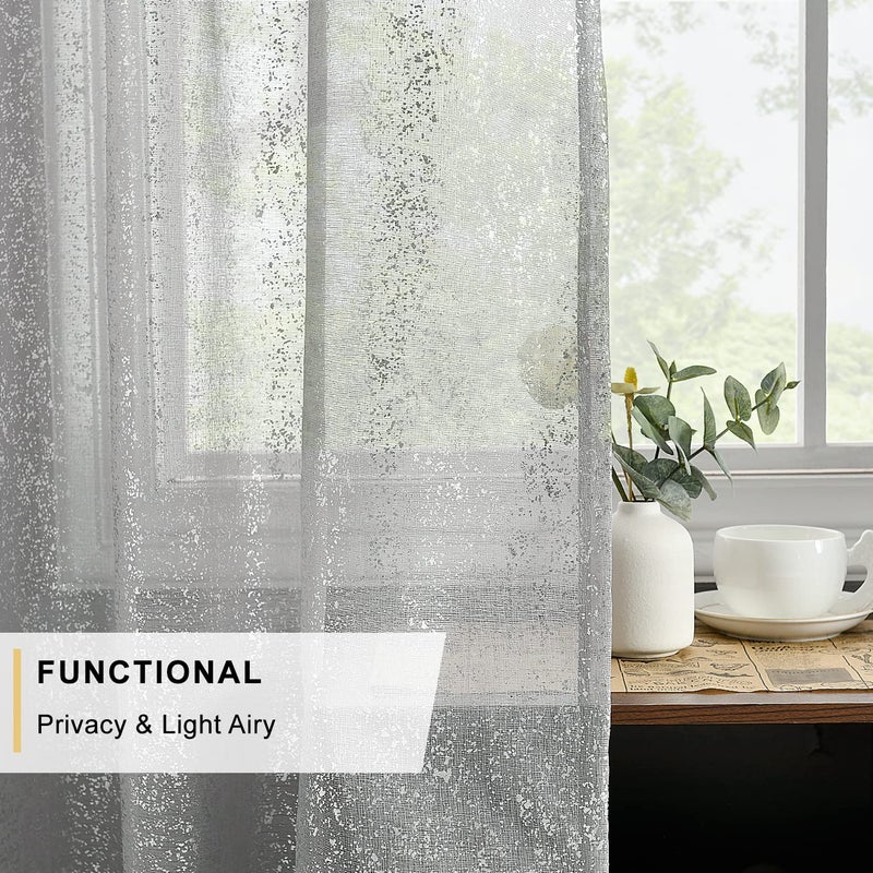 TERLYTEX TERLYTEX Silver Sheer Curtains 95 Inches Long  Metallic Silver Foil Spots Printed Shimmer Sheer Curtains for Living Room  Privacy Grommet Sparkle Curtains 2 Panels Set  52 x 95 Inch  Silver Grey - Image 3