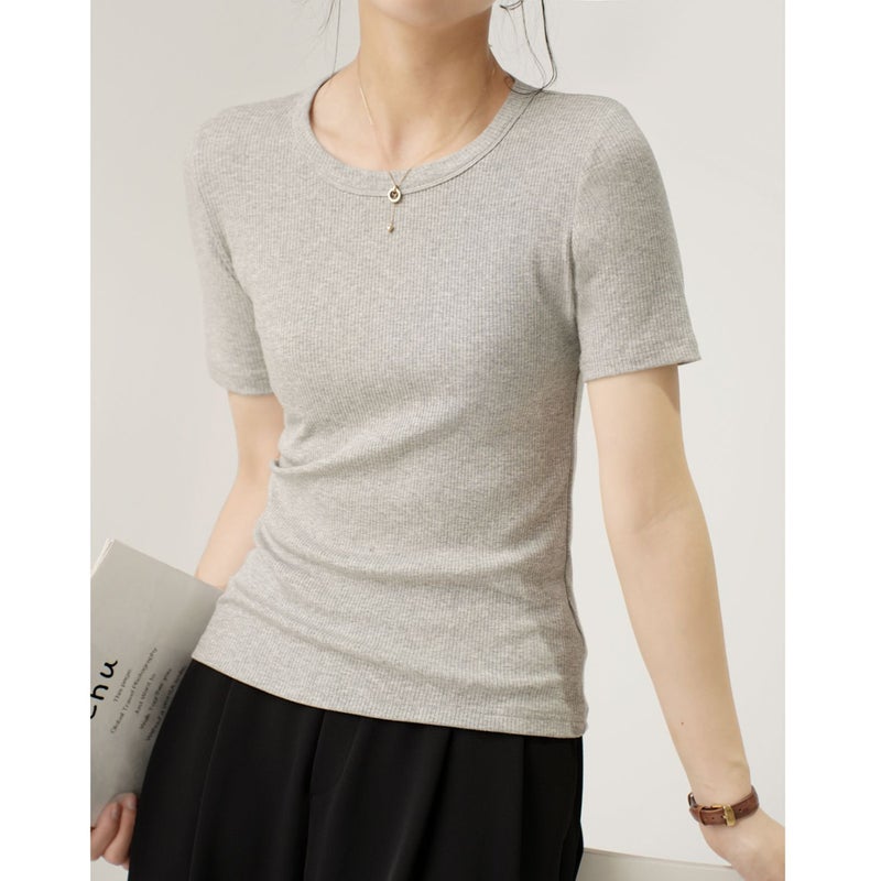 [Selection of Excellent Cotton] Mid-sleeve T-shirt Women's 2025 Summer New Round Neck Slim-fit All-match Short-sleeve Top Base Shirt - Image 1