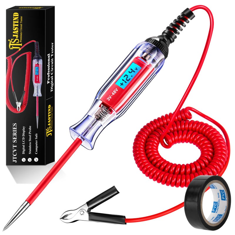 JASTIND Automotive Test Light 348V DC Digital LCD Circuit Tester Bidirectional Voltage Tester with Voltmeter 140 Inch Extended Spring Wire Heavy Duty Electric Tester for Car Fuse Battery