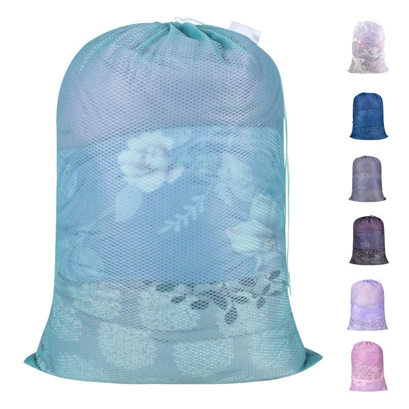 Polecasa Heavy Duty Diamond Large Mesh Laundry Bag with ID Tag and Locking Drawstring Closure 24 x 36 inches Laundry Hamper Liner Washable Laundry Bags for Travel Sports Dorms Aqua