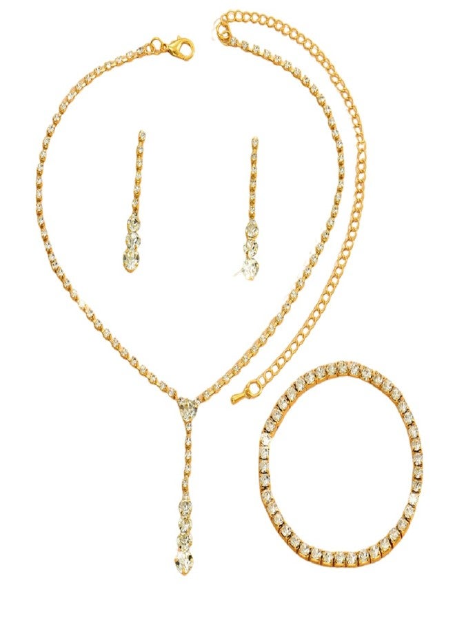 DATOA Sparkling Jewelry Set Wedding Jewelry Sets for Women Dainty Imitation Crystal Necklace Bracelet Earrings Set Wedding Accessories for Brides - Gold - Image 1