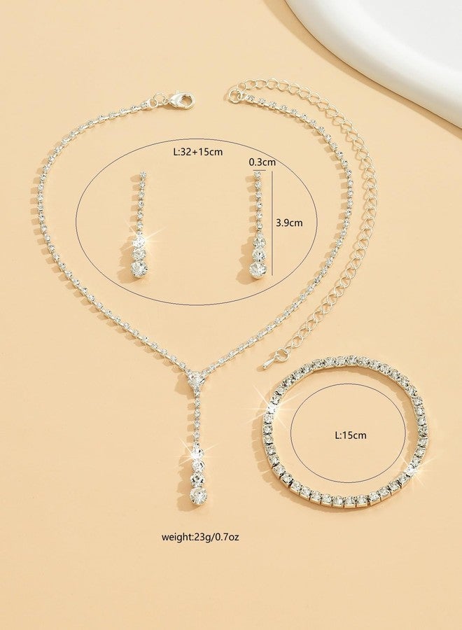 DATOA Sparkling Jewelry Set Wedding Jewelry Sets for Women Dainty Imitation Crystal Necklace Bracelet Earrings Set Wedding Accessories for Brides - Gold - Image 4