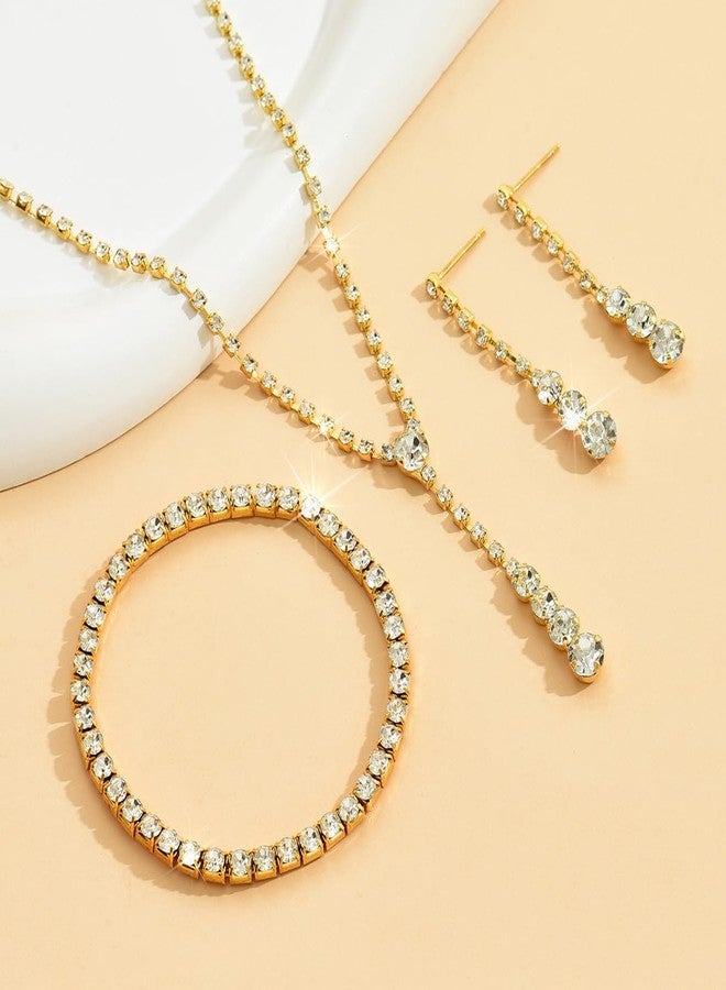 DATOA Sparkling Jewelry Set Wedding Jewelry Sets for Women Dainty Imitation Crystal Necklace Bracelet Earrings Set Wedding Accessories for Brides - Gold - Image 3