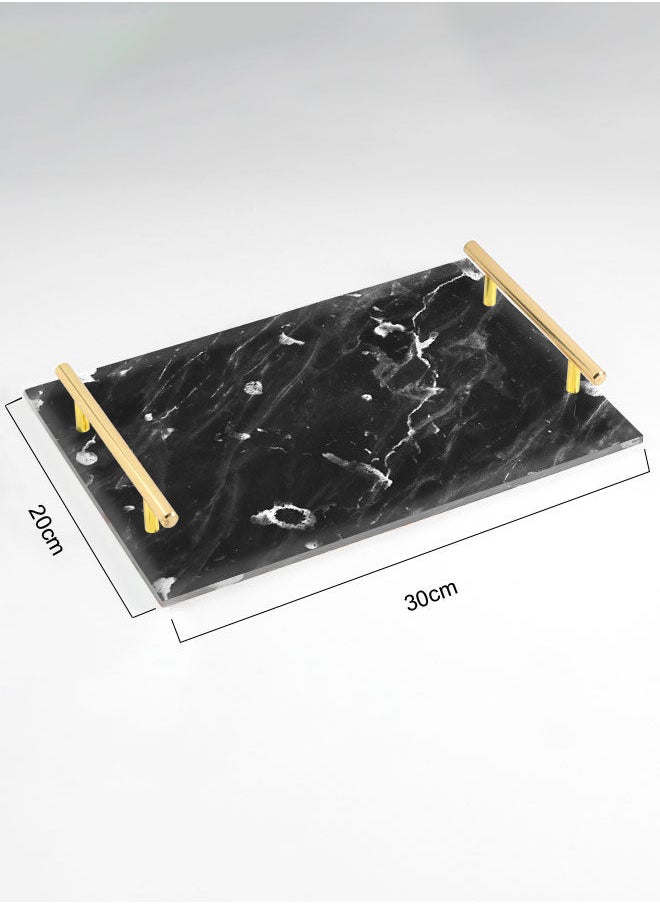 LOWHA Decorative Acrylic Serving Tray with Gold Color Metal Handles Marble Waved 20x30cm  - Image 2