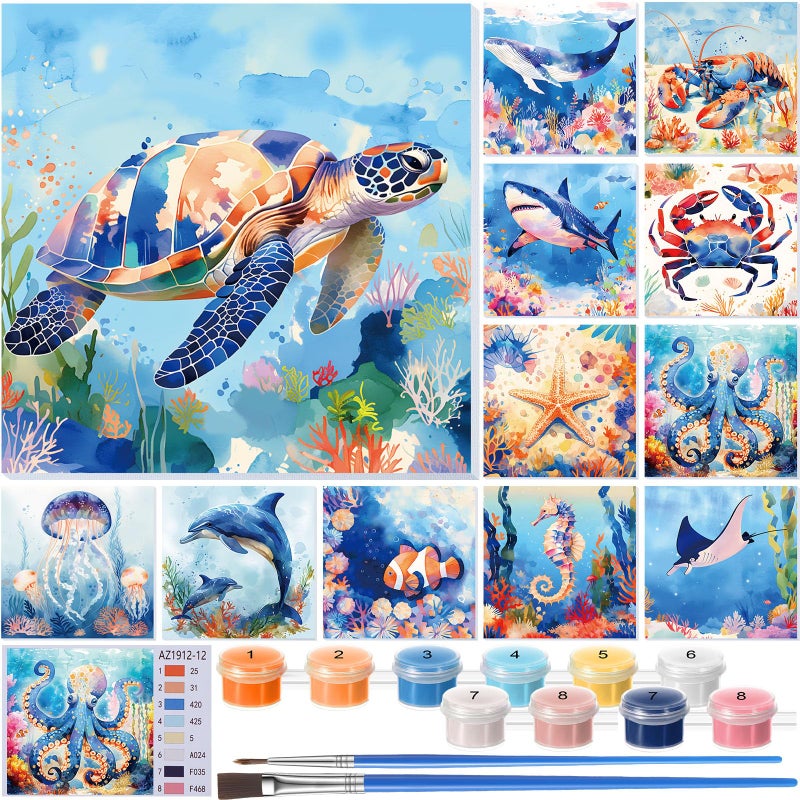 Nezyo 12 Sets Paint by Numbers Kit with Frame for Adult Beginners, Paint by Number DIY Acrylic Painting Canvas for Painting Party, Classroom Activity Birthday Gift, 8 x 8 Inch - Image 1