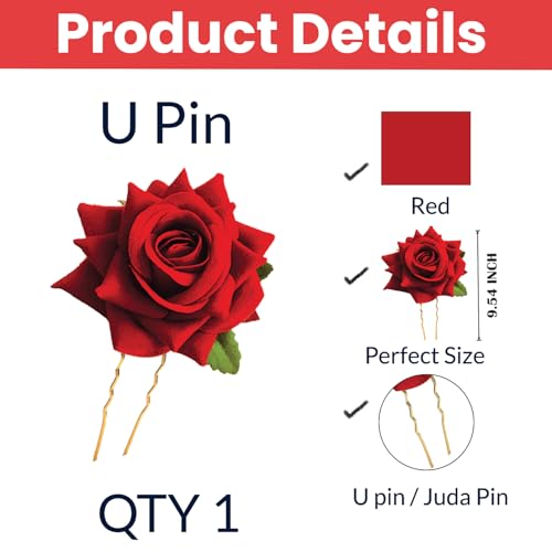 TEMPERIA (1pcs) Hair Accessories For Women & Girls - Stylish Red Rose Artificial Flowers Bun Juda U Pins & Clips for Style & Decoration - Bridal Brooch & Braid for Hairstyle of Bride, Wedding & Party - Image 2