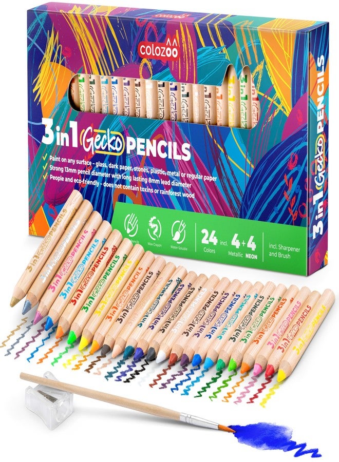colozoo 3 In 1 Color Pencil Set for Kids -24 Colored Pencil for Toddlers. Fat Coloring Pencils with Brush and Sharpener - Non-Toxic and Vegan Cute Color Pencils Perfect for Toddler Art Supplies - Image 1