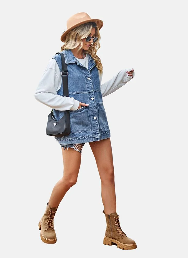 YUNIQEE Blue Plain Regular Fit Sleeveless Denim Jacket