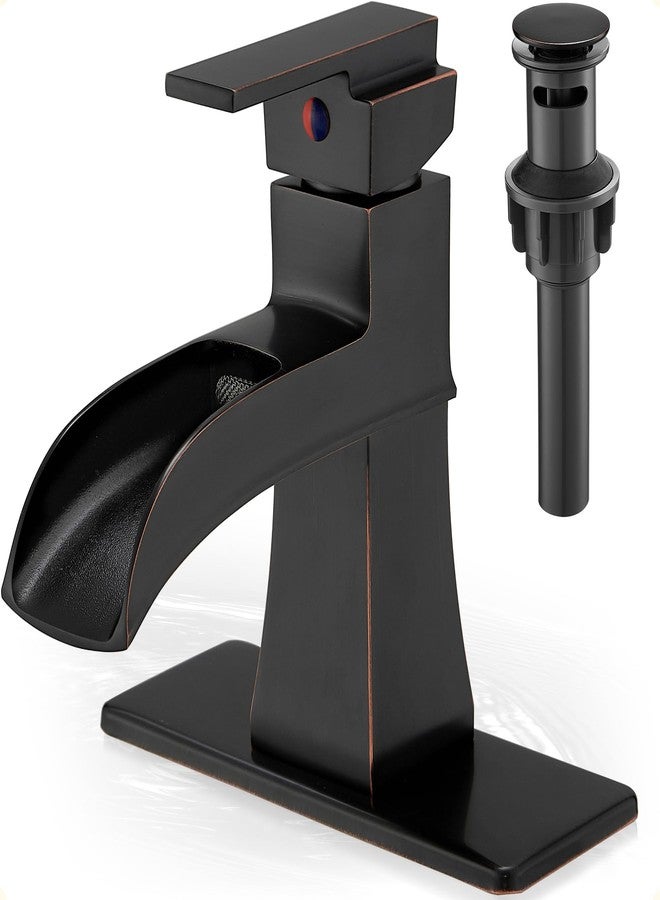 HOIGY Brass Bathroom Waterfall Faucet, Oil Rubbed Bronze Bathroom Faucet 1 Hole or 3 Holes (4 Inch), Single Handle with Deck Plate, Pop-Up Drain & Water Hoses for RV Vanity Farmhouse, 5 Mins Install - Image 1
