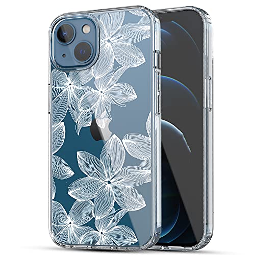 RANZ Compatible with iPhone 13 Case, Anti-Scratch Shockproof Series Clear Hard PC+ TPU Bumper Protective Cover Case for iPhone 13 (6.1") - White Flower - Image 1