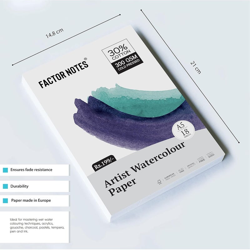 FACTOR NOTES A5 Watercolour Sheet: 300 GSM|30% Cotton | 18 Sheets | Cold-Pressed|Acidfree, Watercolor - Image 2