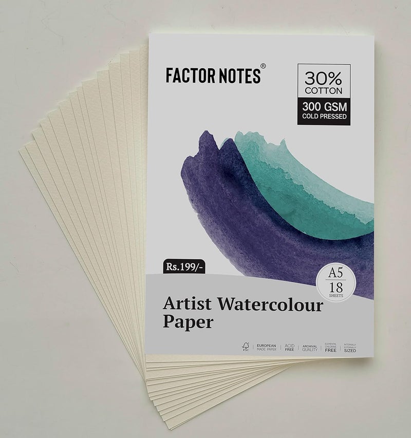 FACTOR NOTES A5 Watercolour Sheet: 300 GSM|30% Cotton | 18 Sheets | Cold-Pressed|Acidfree, Watercolor - Image 1