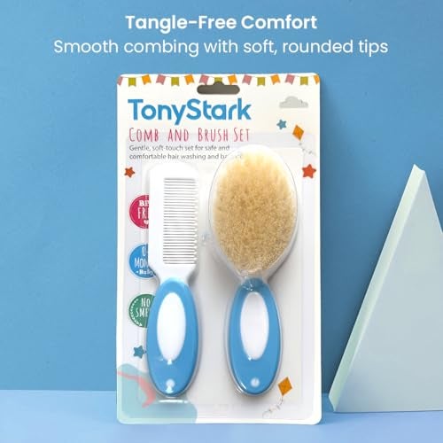 TONY STARK Baby Brush and Comb Set, Newborn Essentials Set with Baby Comb and Soft Bristle Hair Brush for Your Toddler’s Scalp (Blue) - Image 2