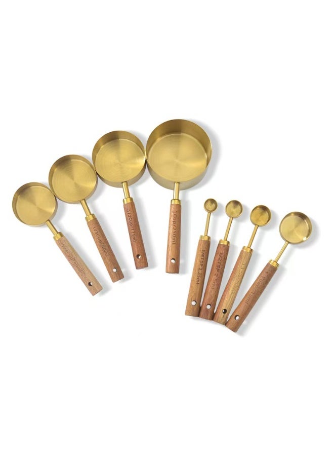 EXCLIFE 8PCS Brass Measuring Cups and Spoons Set with Wooden Handles, Premium Metal Measuring Set for Baking, Cooking, Coffee, Kitchen Accessories - Image 1