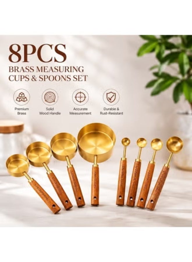 EXCLIFE 8PCS Brass Measuring Cups and Spoons Set with Wooden Handles, Premium Metal Measuring Set for Baking, Cooking, Coffee, Kitchen Accessories - Image 2