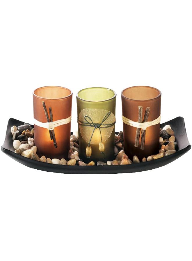 Dawhud Direct Dawhud Direct Votive Candle Holder, Vintage Decor Flameless Natural Candlescape Set, 3 LED Tea Light Candles, Rocks and Tray (Natural Earth Tones) Bath Decor Decorative Candles Zen Room Decor Gift - Image 1
