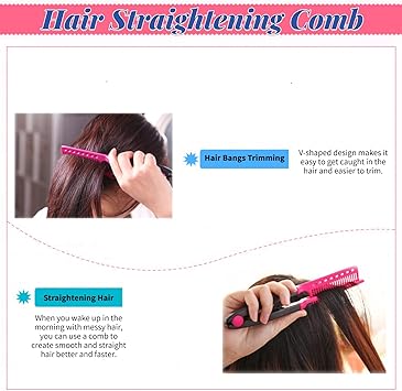 Filfeel Hair Straightening Comb Haircut Antistatic V Shape Comb Clip Clamp Hairdressing Styling ToolsRose red  - Image 4