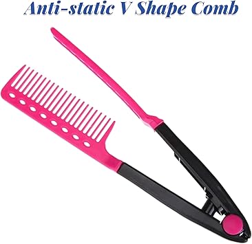 Filfeel Hair Straightening Comb Haircut Antistatic V Shape Comb Clip Clamp Hairdressing Styling ToolsRose red  - Image 5