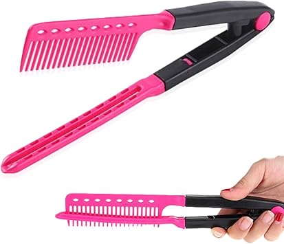 Filfeel Hair Straightening Comb Haircut Antistatic V Shape Comb Clip Clamp Hairdressing Styling ToolsRose red  - Image 3