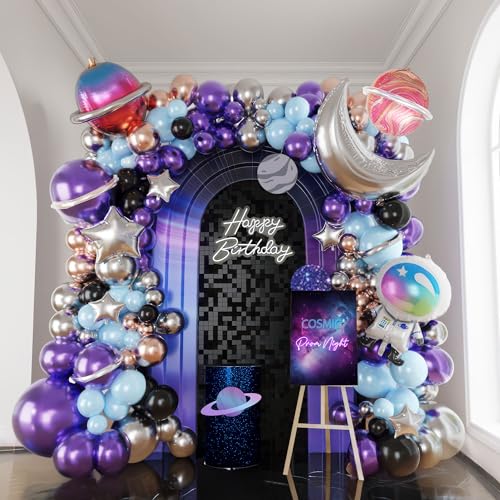 yeewaka Galaxy Space Balloon Garland Kit 140pcs purple blue black Outer Space Astronaut Moon Star Diy 4D planet Balloons for girl two the moon birthday decorations Kids Party Supplies - Image 1