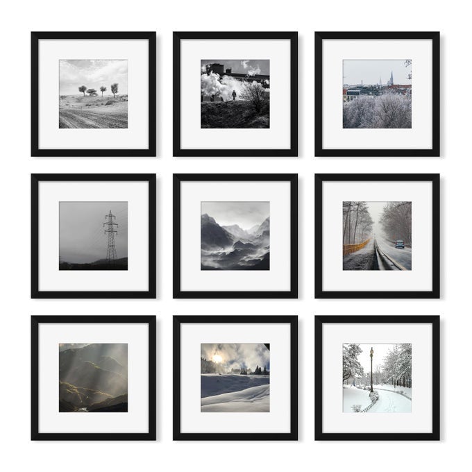 12X12 PICTURE FRAME SET OF 9 PHOTO GALLERY WALL FRAME SET DISPLAY PICTURES 8X8 WITH MAT OR 12 X 12 WITHOUT MAT SQUARE FRAME PICTURE FRAMES COLLAGE WALL DECOR BLACK