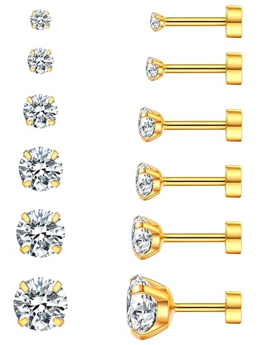 WSSXC 6 Pairs Hypoallergenic Cubic Zirconia Earrings Surgical Steel Flat Back Studs for Cartilage, Screw Back Fashion Jewelry - Image 1