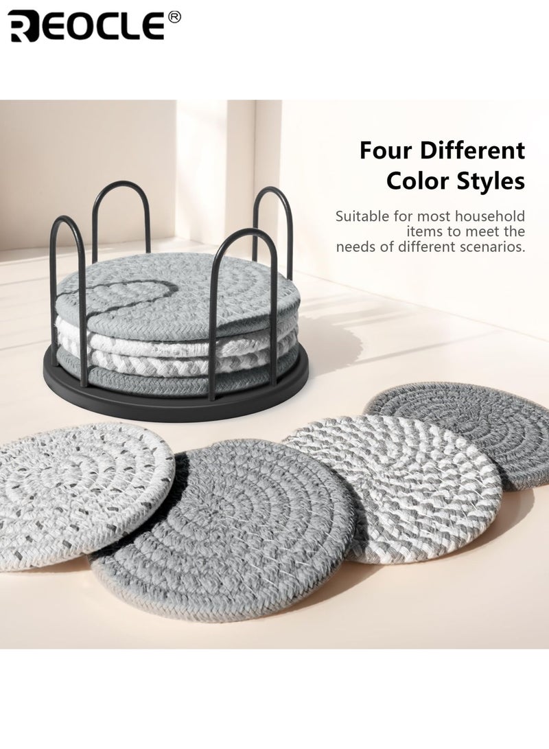 REOCLE 8PCS Drink Coaster Set with Absorbent Design and Cotton Woven Material Tabletop Protection Coasters with Holder for Living Room Decor - Image 4