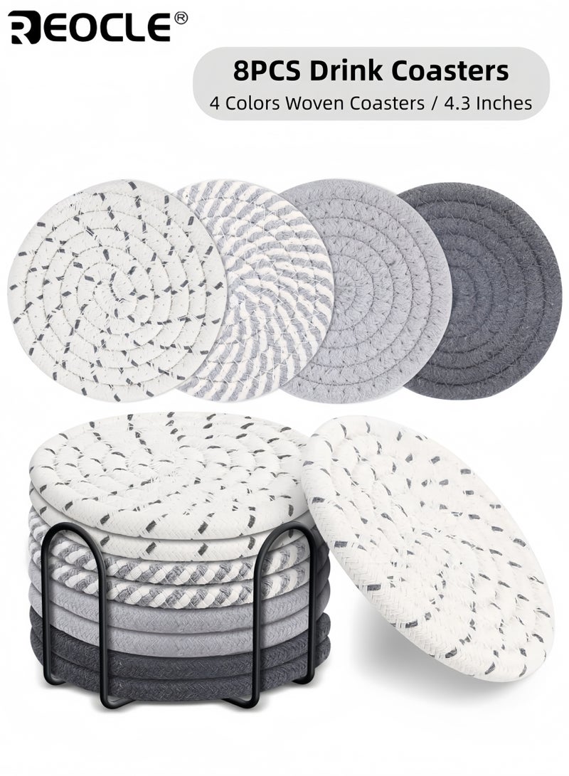 REOCLE 8PCS Drink Coaster Set with Absorbent Design and Cotton Woven Material Tabletop Protection Coasters with Holder for Living Room Decor - Image 1