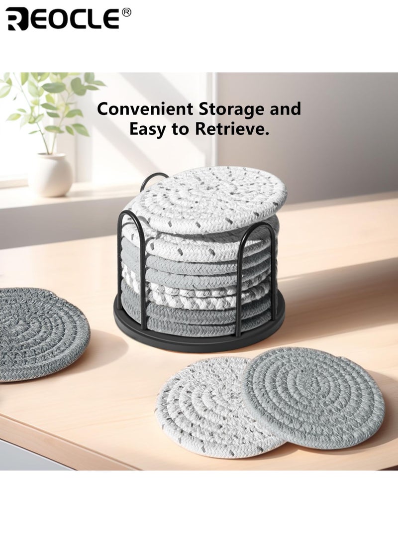 REOCLE 8PCS Drink Coaster Set with Absorbent Design and Cotton Woven Material Tabletop Protection Coasters with Holder for Living Room Decor - Image 5
