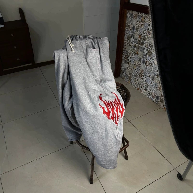 Women's Gray Flame Embroidered Sweatpants Loose Joggers - Image 1