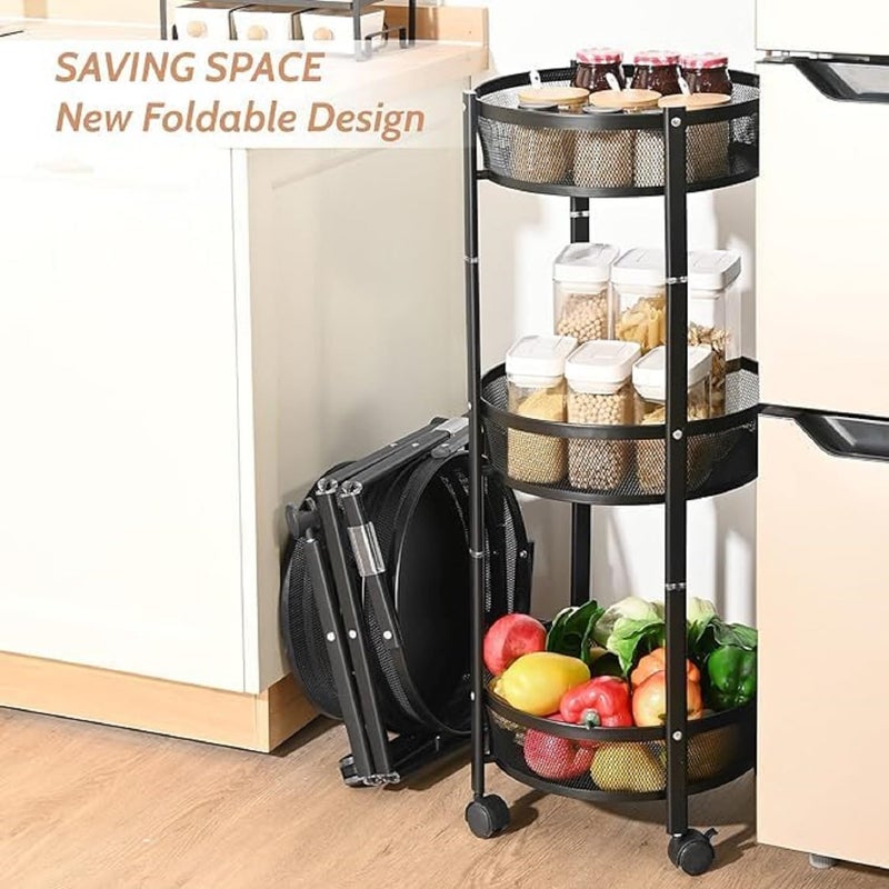 Aakarit Large 3Tier Metal Storage Rolling Cart Collapsible Utility Cart No Assemble Multifunction Serving Organizer Trolley with Lockable Wheels for Kitchen Living Room Bathroom Black - Image 4