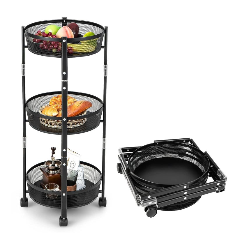 Aakarit Large 3Tier Metal Storage Rolling Cart Collapsible Utility Cart No Assemble Multifunction Serving Organizer Trolley with Lockable Wheels for Kitchen Living Room Bathroom Black - Image 1