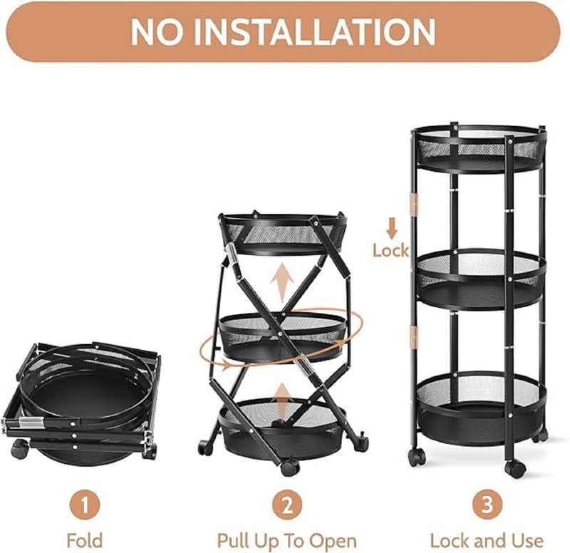 Aakarit Large 3Tier Metal Storage Rolling Cart Collapsible Utility Cart No Assemble Multifunction Serving Organizer Trolley with Lockable Wheels for Kitchen Living Room Bathroom Black - Image 2