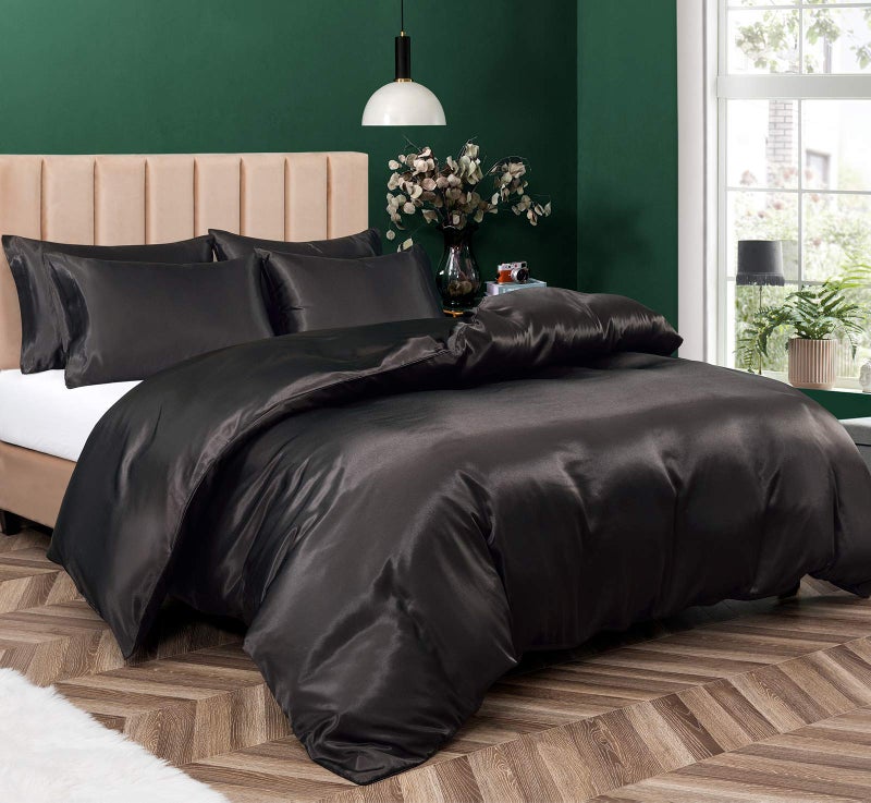 P Pothuiny 5 Pieces Satin Duvet Cover California King Size Luxury Silky Like Black Duvet Cover Bedding Set with Zipper Closure 1 Duvet Cover  4 Pillow Cases No Comforter