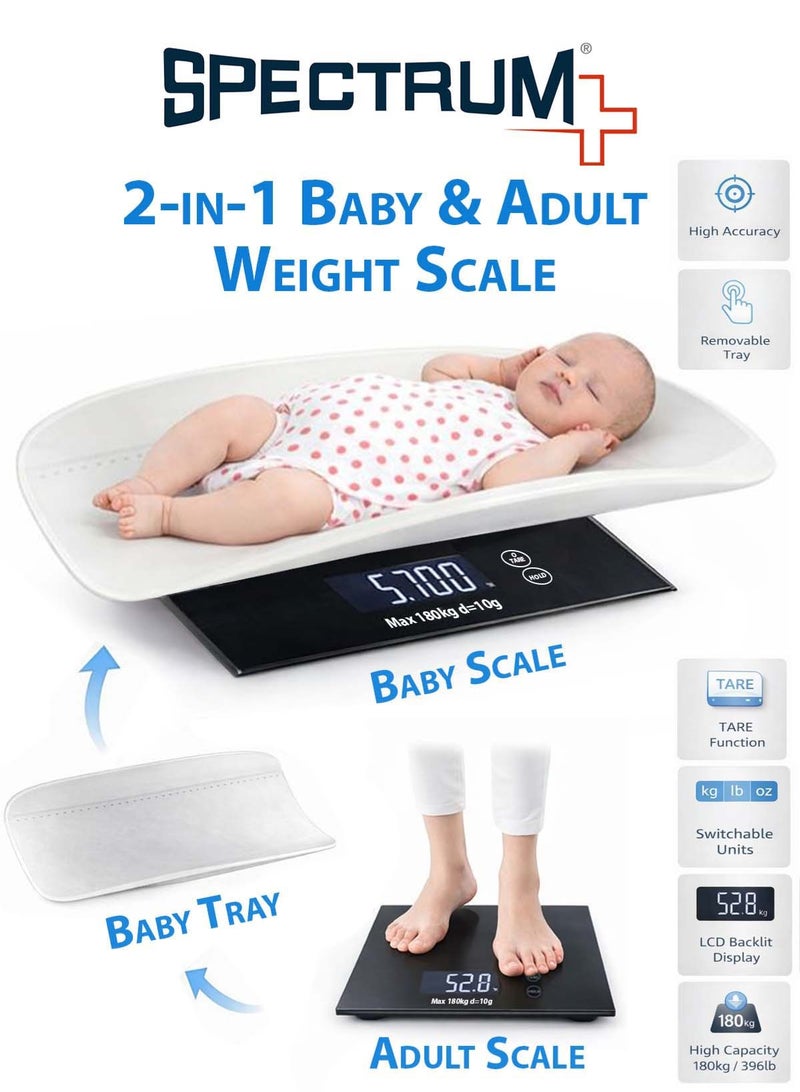 Spectrum 2-in-1 Baby & Adult Digital Weight Scale with Removable Baby Tray, High Accuracy Infant Growth Monitoring Scale, kg/lb/oz Measurement, TARE & Hold Function, Backlit LCD Touch Display, 180kg Capacity, Home Use - Image 1