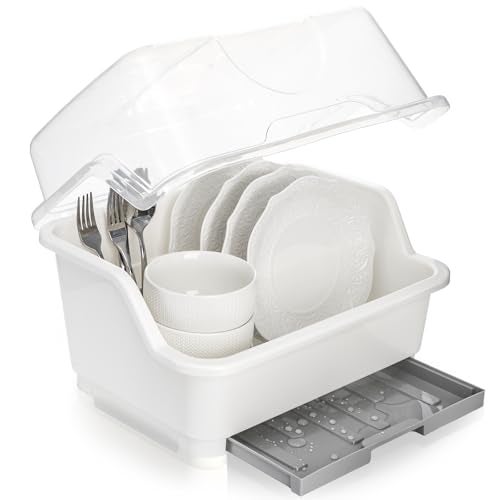 Acshio Dish Drying Rack Plastic Plate Cup Dryer Holder with Lid Removable Drainboard Cutlery Utensil Dish Nursing Bottle Organizer for Tableware Kitchen Cabinet - Image 1