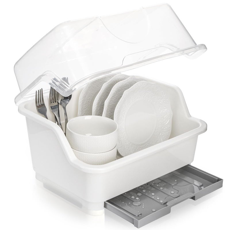 Acshio Dish Drying Rack Plastic Plate Cup Dryer Holder with Lid Removable Drainboard Cutlery Utensil Dish Nursing Bottle Organizer for Tableware Kitchen Cabinet - Image 2