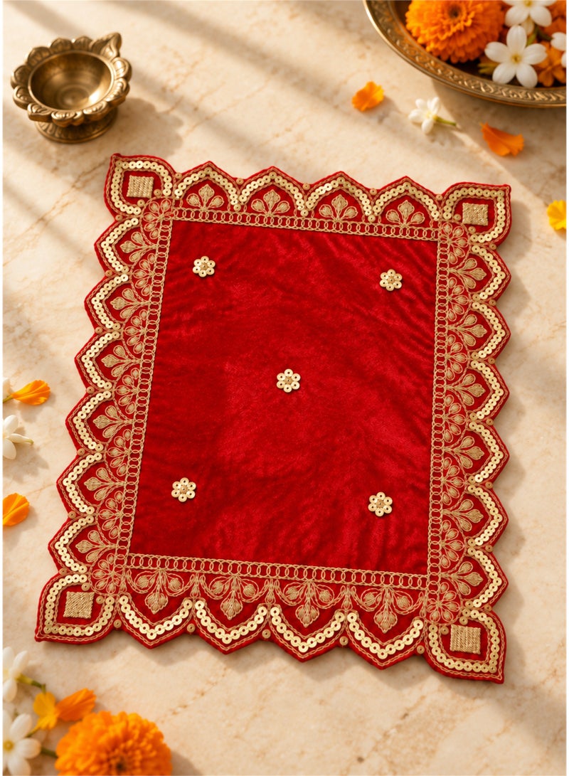 Madhoor Velvet Zardozi Decorative Pooja Aasan Red for Pooja, Deity Idol Placement & Home Temples, 12 x 12 Inches - Image 1