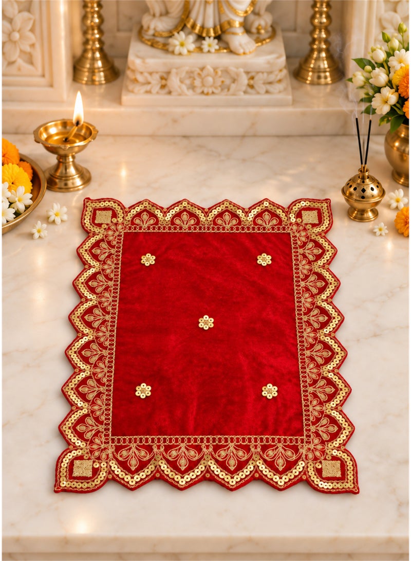 Madhoor Velvet Zardozi Decorative Pooja Aasan Red for Pooja, Deity Idol Placement & Home Temples, 12 x 12 Inches - Image 3