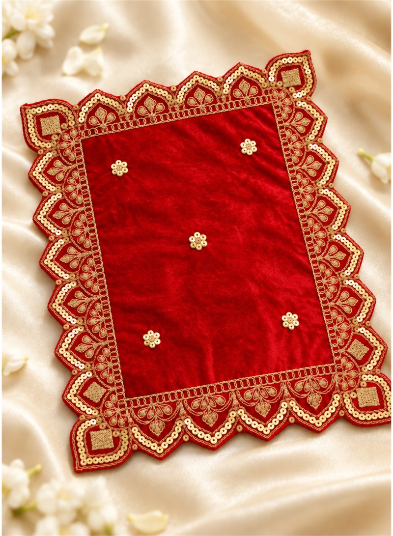 Madhoor Velvet Zardozi Decorative Pooja Aasan Red for Pooja, Deity Idol Placement & Home Temples, 12 x 12 Inches - Image 2