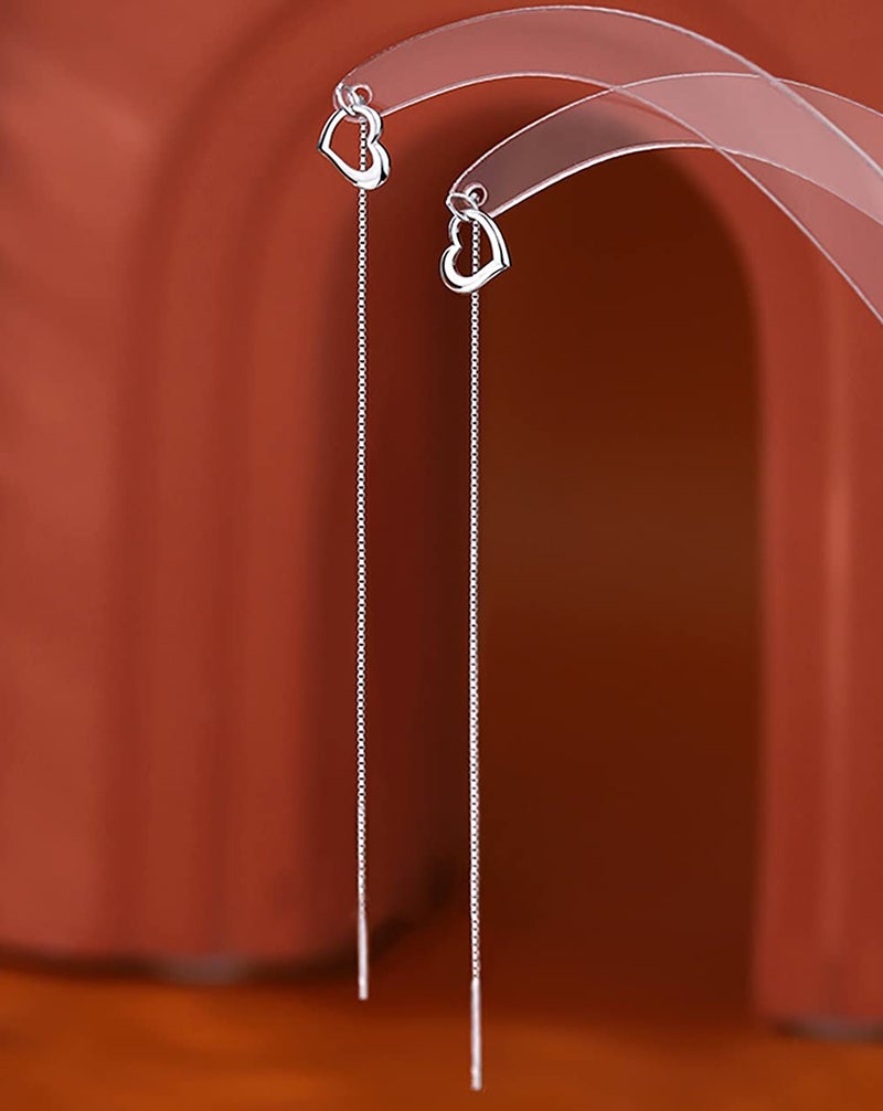 Reffeer Solid 925 Sterling Silver Love Heart Chain Dangle Earrings Drops for Women Teen Girls Heart Tassel Dangle Earrings Threader (A-Silver) - Image 3