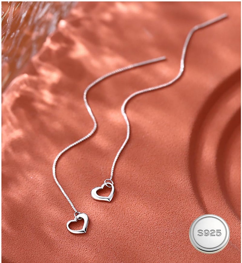 Reffeer Solid 925 Sterling Silver Love Heart Chain Dangle Earrings Drops for Women Teen Girls Heart Tassel Dangle Earrings Threader (A-Silver) - Image 4