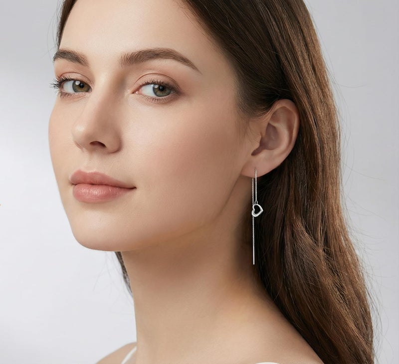 Reffeer Solid 925 Sterling Silver Love Heart Chain Dangle Earrings Drops for Women Teen Girls Heart Tassel Dangle Earrings Threader (A-Silver) - Image 2