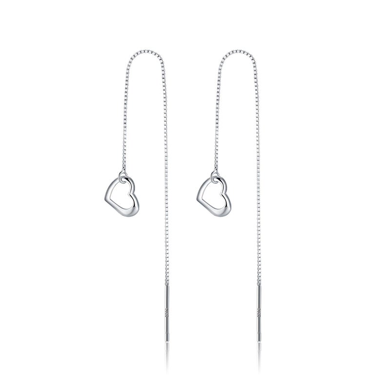 Reffeer Solid 925 Sterling Silver Love Heart Chain Dangle Earrings Drops for Women Teen Girls Heart Tassel Dangle Earrings Threader (A-Silver) - Image 1