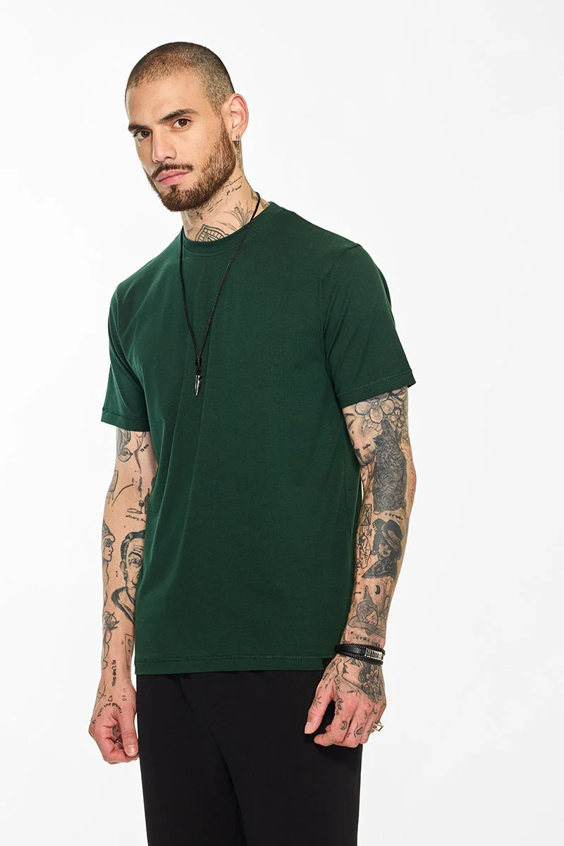 SNITCH Core Lab Dark Green Solid Slim Fit T-Shirt