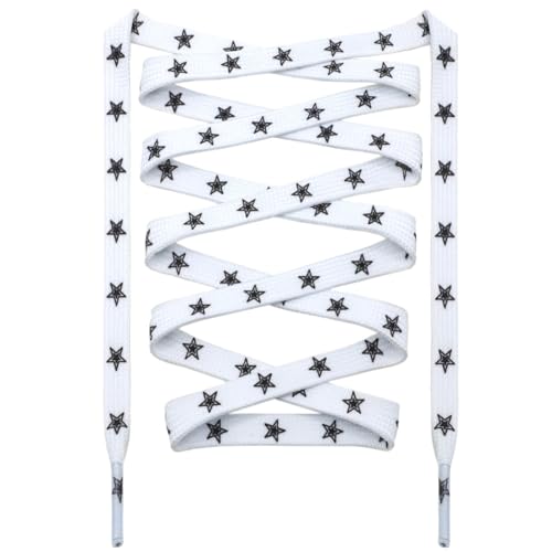 DANHUA Colored Printed Flat Shoelaces: 2 Pair White Black Star Patterned Shoe Laces for Sneakers 55 inch - Image 1